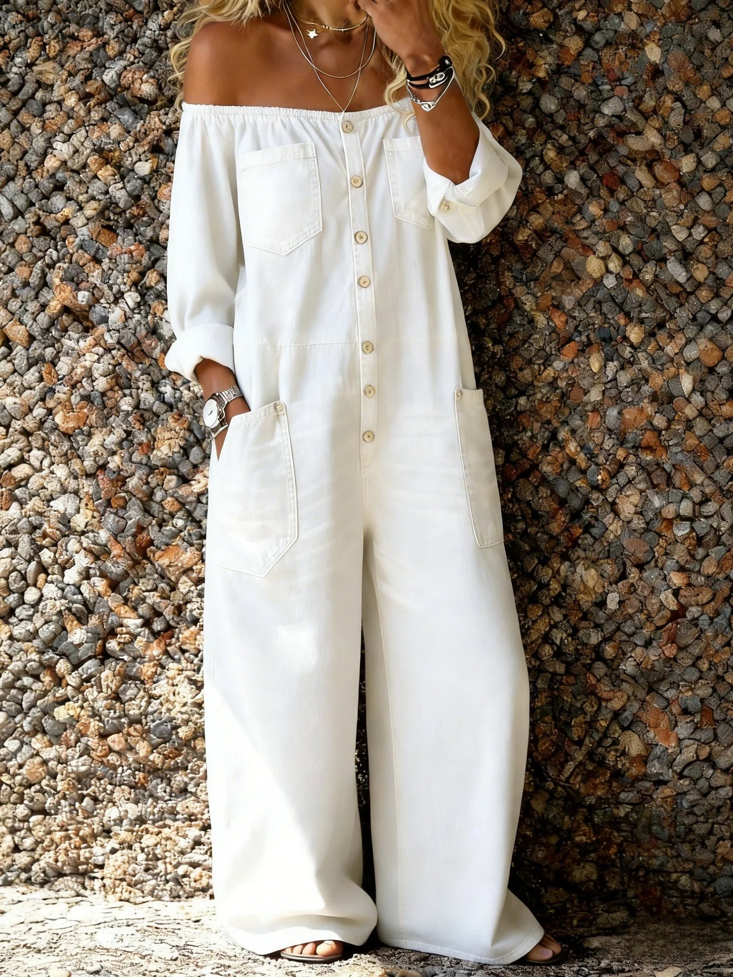 Noa | Mono de denim con escote de hombro descubierto