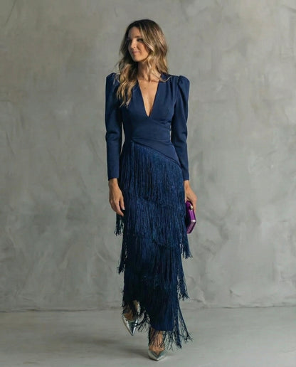 Clara | Vestido elegante con mangas de flecos