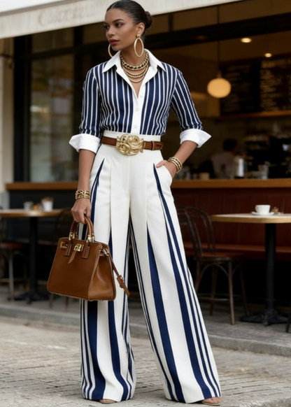 Lucia: Conjunto De Mujer A Rayas Con Camisa Y Pantalón Ancho